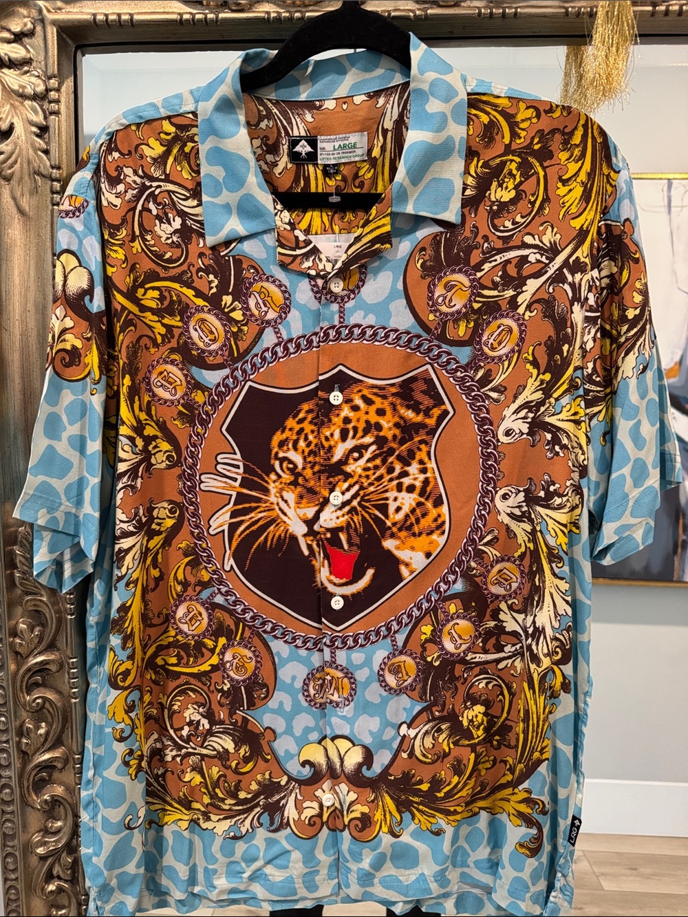 Lrg Blue & Brown Leopard Medallion Short Sleeve Button-Up